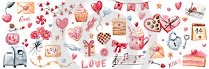 Big watercolor set of design elements for Valentines day. Cute watercolour icons, symbol of romance, love for print