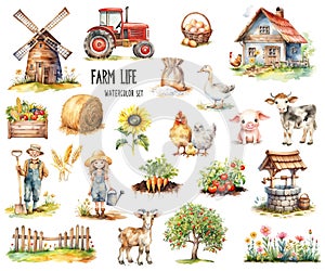 Big watercolor set of farm life with windmill, tractor, animals, vegetables, farmers, and other elements isolated on white