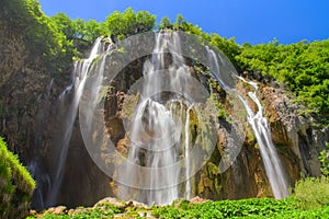 Big waterfall in amazing Plitvice Lakes National Park, Croatia,