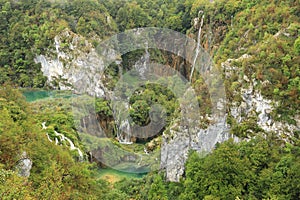 Big Waterfall and low lakes on Plitvicka Jezera in Croatia