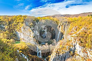 Big waterfall in the Plitvice Lakes National Park in Croatia