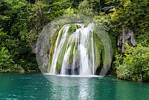 Big waterfall view in the national Park of Plitvice in Croatia