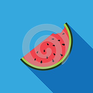 Big watermelon slice cut with seed Flat design icon Summer blue background Vector illustration