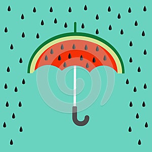 Big watermelon slice cut with seed. Umbrella and rain. Flat design icon Summer autumn fall time. . Blue sky background