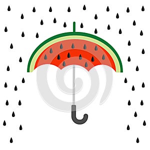 Big watermelon slice cut with seed. Umbrella and rain. Flat design icon Summer autumn fall time. Isolated. White background