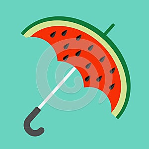 Big watermelon slice cut with seed. Umbrella shape. Flat design icon Summer autumn fall time. Blue sky background. .