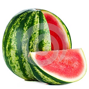 Big watermelon and slice isolated on white background as package design element