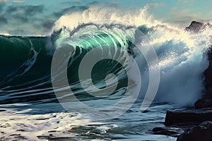 Big wave breaking on the beach with blue sky and sea background