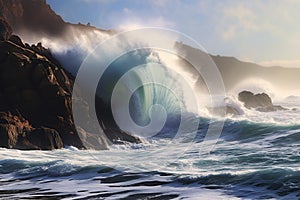 Big wave breaking on the beach with blue sky and sea background