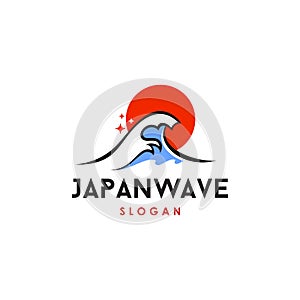 Big wave ocean and red sun japan style vector logo icon illustration line, red and blue color