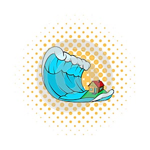 Big wave of tsunami over the house icon