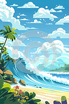 big waves and big blue sky puffy clouds travel poster style beach stylized illustration