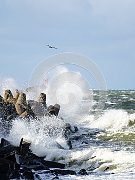 Big waves breaking on breakwater during storm in baltic sea