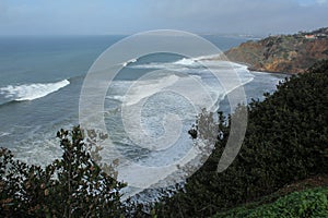 Big Waves Brought on by a Winter Storm Lash the Coastline, Palos Verdes Peninsula, South Bay, Los Angeles County, California