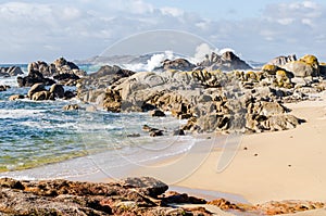 Big waves crashing on rocks coastline