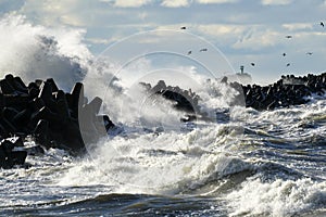Big waves created during stormy weather crash against the breakwater concrete tetrapods with high splashes