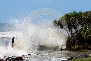 Big waves crushing on shore of a tropical island trees during a storm. Stormy sea weather. Power in nature background. Taken