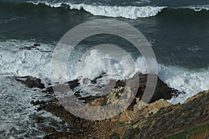 Big Waves Pound the Rocks at the Shoreline of the Palos Verdes Peninsula, South Bay, Los Angeles County, California