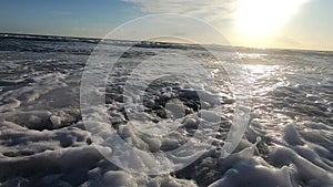 Big Waves On A Sea Beach At Sunset. Beautiful Waves Of Slow Motion Video On The Santorini