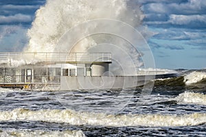 Big waves in a storm on the coast of the Baltic sea