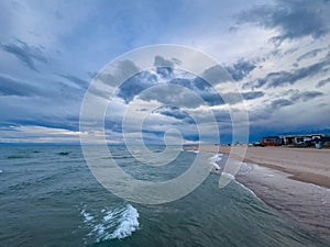 Big waves. stormy sea, thunderclouds. Kyrgyzstan, Lake Issyk-Kul