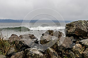 Big waves at Whiffin Spit in Sooke on Vancouver Island, BC