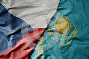 big waving national colorful flag of czech republic and national flag of kazakhstan