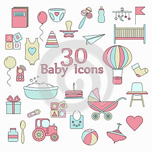 Big web icon set. Baby, toy, feed and care.