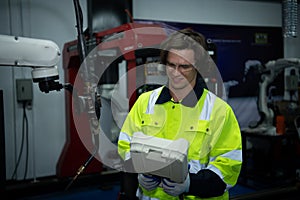 A big welding robot is being inspected and controlled by a robotics engineer.