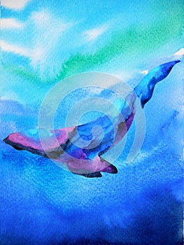 Big whale diving swimming in deep blue ocean sea watercolor painting