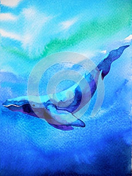 Big whale diving swimming in deep blue ocean sea watercolor painting