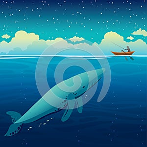 Big whale, fisherman and boat, night sky, calm sea.