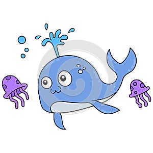 Big whale swimming with jellyfish in the sea, doodle icon image kawaii