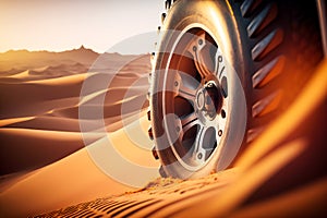 A big wheel of the 4x4 off-road car driving on sand in the desert, illustration ai generative