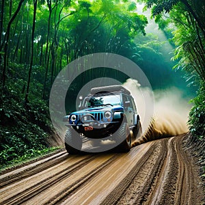 A big wheel of the car running on terrain route in the illustration