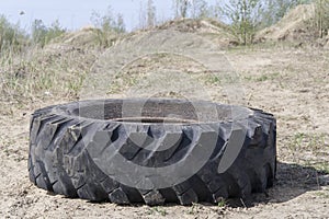 Big wheel from a truck lying on a plain overgrown with shrubs