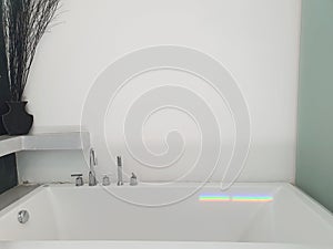Big white bathtub decorated with dry twigs in the black vase in the corner of the bathroom and light penetrates into the rainbow.