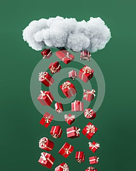 Big white cloud with falling red presents on green background.