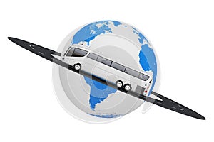 Big White Coach Tour Bus over Road Around Earth Globe. 3d Render