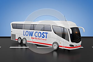 Big White Coach Tour Inter City Travel Bus with Low Cost Sign. 3d Rendering