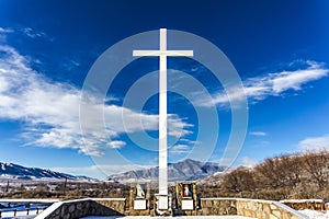 Big white cross against a blue sky in Tafi del Valle, Tucuman, Argentina