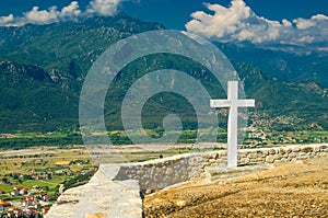 Big white cross of Holy Trinity Meteora Monastery, Kalabaka, Greece