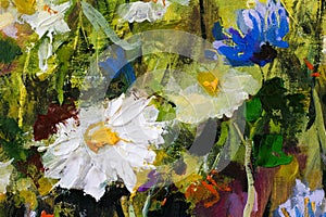 Big white daisy flower camomiles closeup macro oil painting on canvas. Modern Impressionism.Impasto artwork.