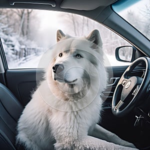 A big white dog driving a car in winter