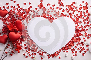 Big white heart around tiny scattered red confetti hearts.Valentine\'s Day banner with space for your own content. White back
