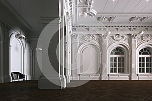 Big white interior of church with wood parquet floor 3D render