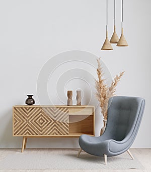 big white living room.interior design,blue chair,wooden sideboard,lamp,carpet,frame for mockup and copy space