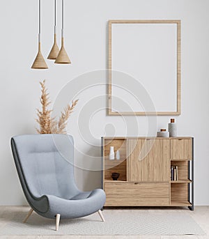 big white living room.interior design,blue chair,wooden sideboard,lamp,carpet,frame for mockup and copy space