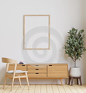 big white living room.interior design,wooden long sideboard,chair,frame for mockup and copy space