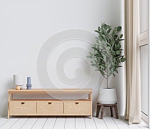big white living room.interior design,wooden sideboard,empty wall for mockup and copy space
